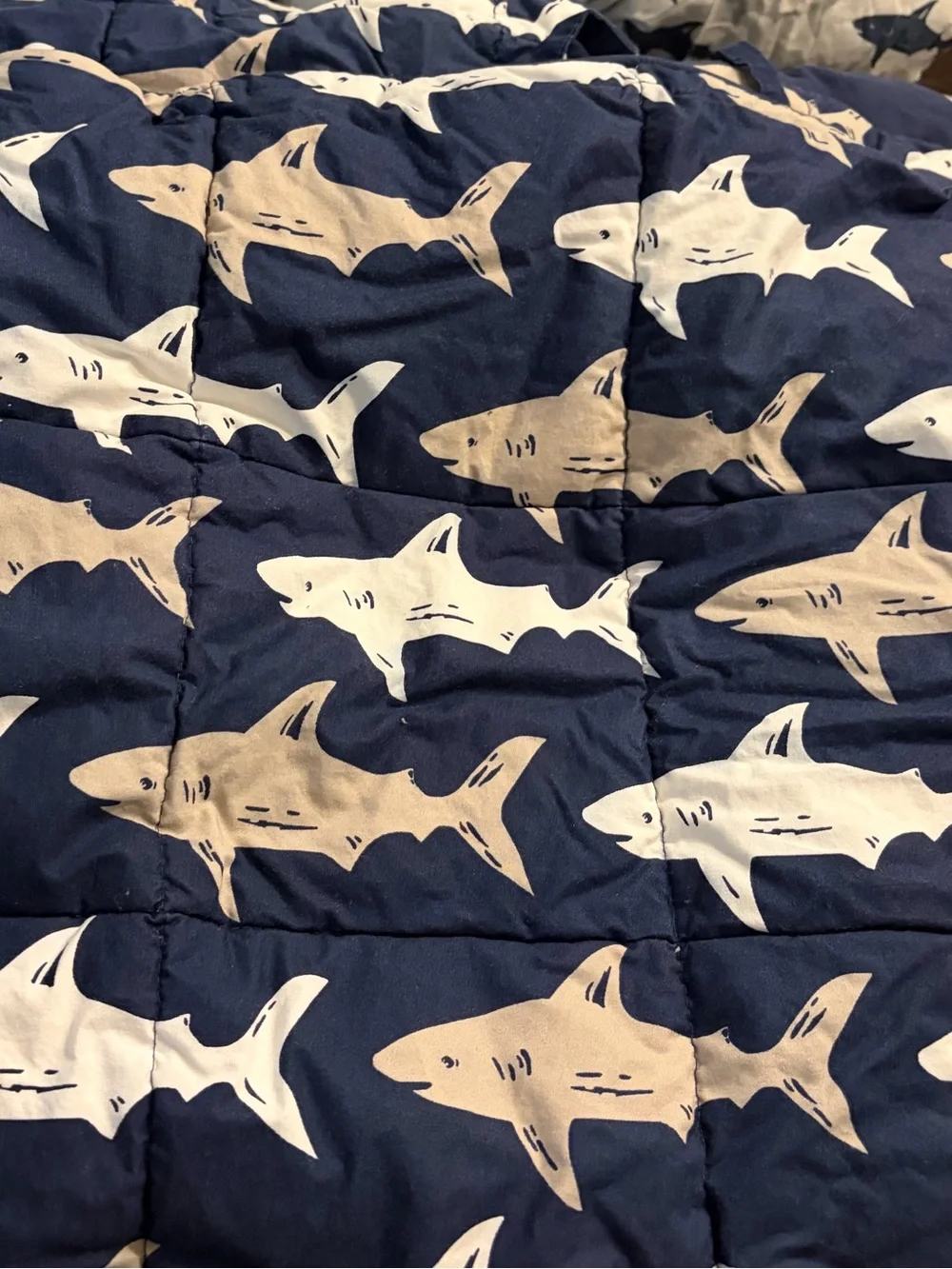 Pottery barn kids full sheet set and comforter in preppy shark print